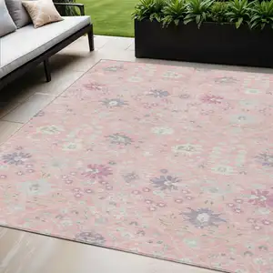 Photo of Pink Purple And Gray Oriental Washable Indoor Outdoor Area Rug