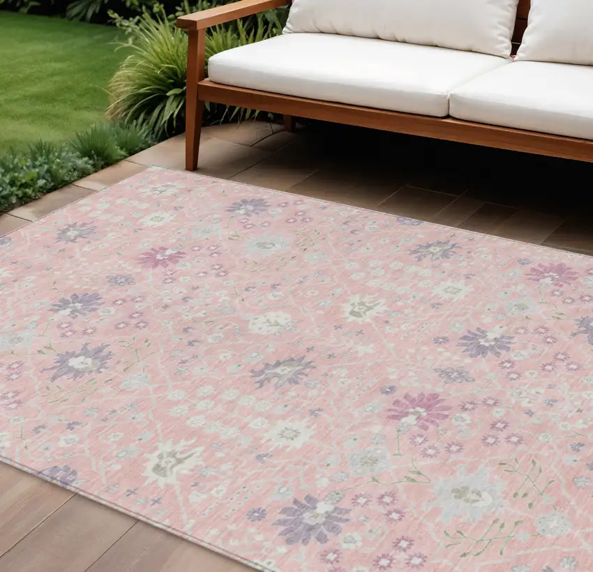 Pink Purple And Gray Oriental Washable Indoor Outdoor Area Rug Photo 1