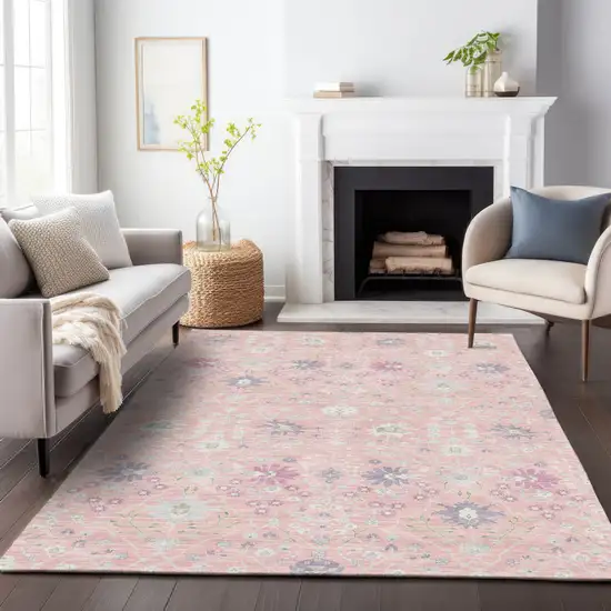 Pink Purple And Gray Oriental Washable Indoor Outdoor Area Rug Photo 9