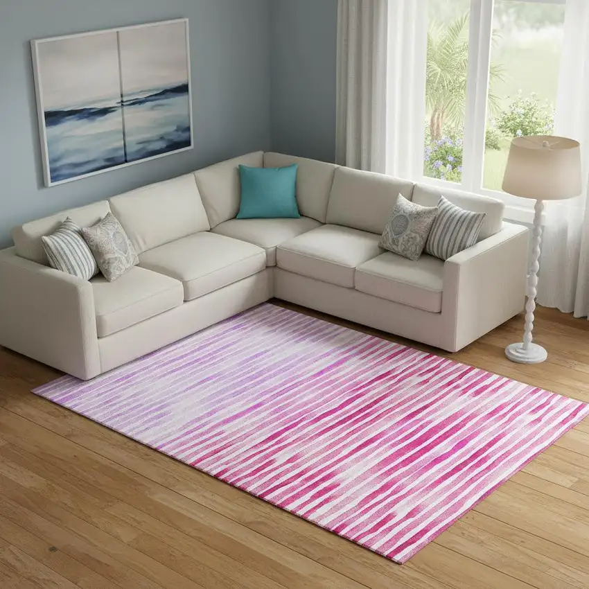 Pink Purple And Ivory Geometric Washable Area Rug With UV Protection Photo 1