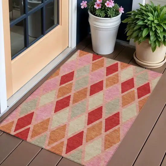 Pink Red And Copper Geometric Washable Indoor Outdoor Area Rug Photo 1