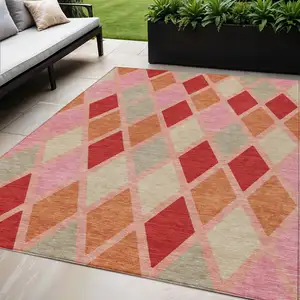 Photo of Pink Red And Copper Geometric Washable Indoor Outdoor Area Rug
