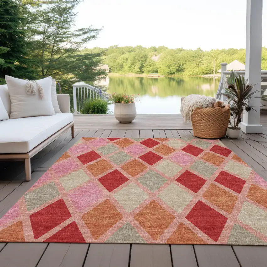 Pink Red And Copper Geometric Washable Indoor Outdoor Area Rug Photo 9