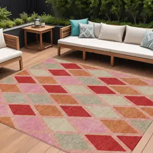 Photo of Pink Red And Copper Geometric Washable Indoor Outdoor Area Rug
