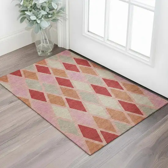 Pink Red And Gray Geometric Washable Area Rug With UV Protection Photo 1