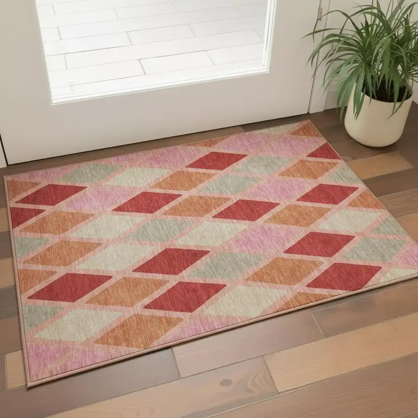 Pink Red And Gray Geometric Washable Area Rug With UV Protection Photo 2