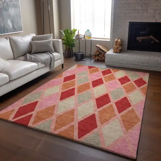 Pink Red And Gray Geometric Washable Area Rug With UV Protection Photo 6