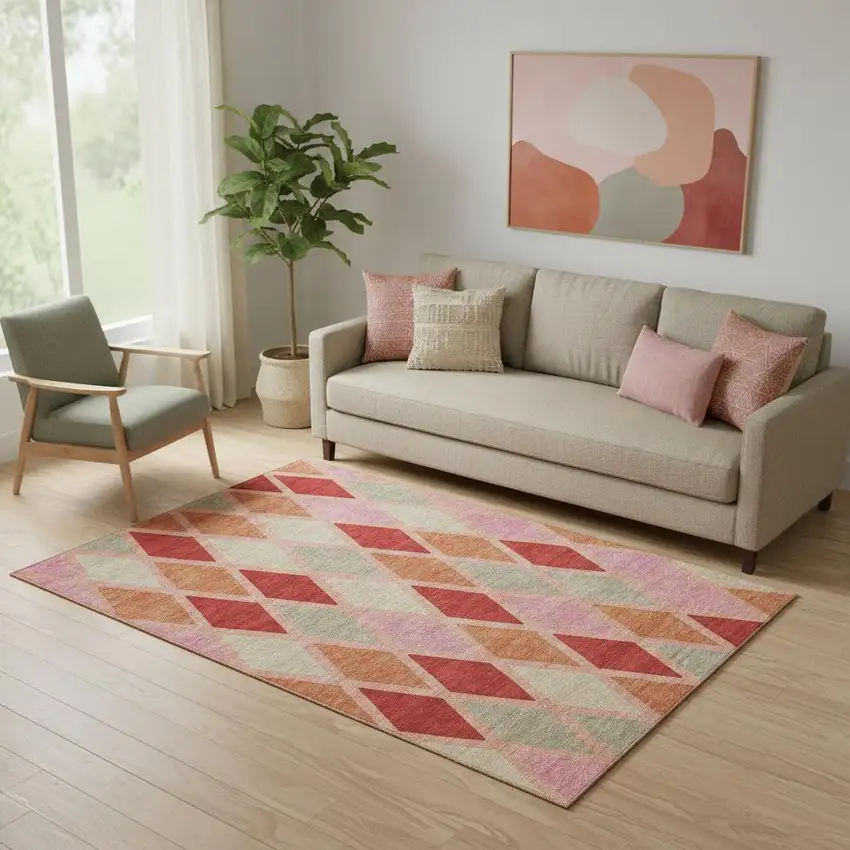Pink Red And Gray Geometric Washable Area Rug With UV Protection Photo 1