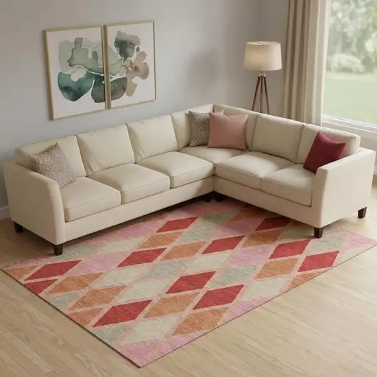 Pink Red And Gray Geometric Washable Area Rug With UV Protection Photo 1