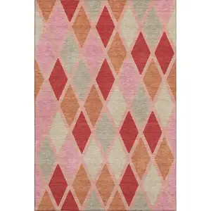 Photo of Pink Red And Gray Geometric Washable Area Rug With UV Protection