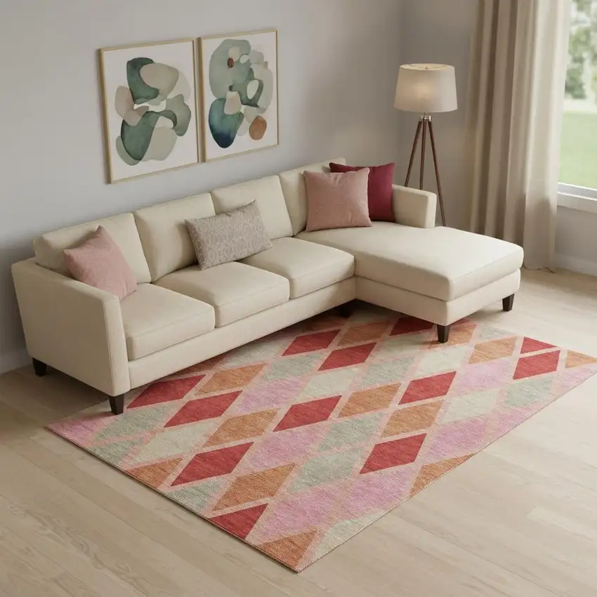 Pink Red And Gray Geometric Washable Area Rug With UV Protection Photo 1