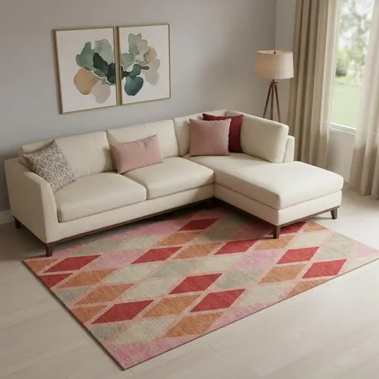Pink Red And Gray Geometric Washable Area Rug With UV Protection Photo 1