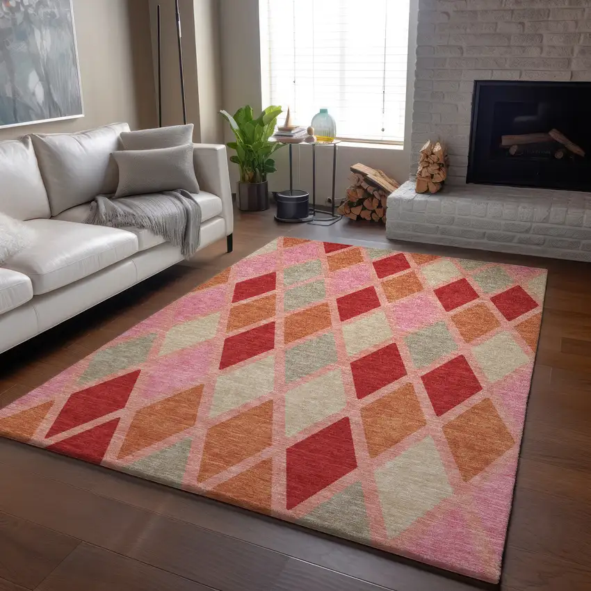 Pink Red And Gray Geometric Washable Area Rug With UV Protection Photo 6