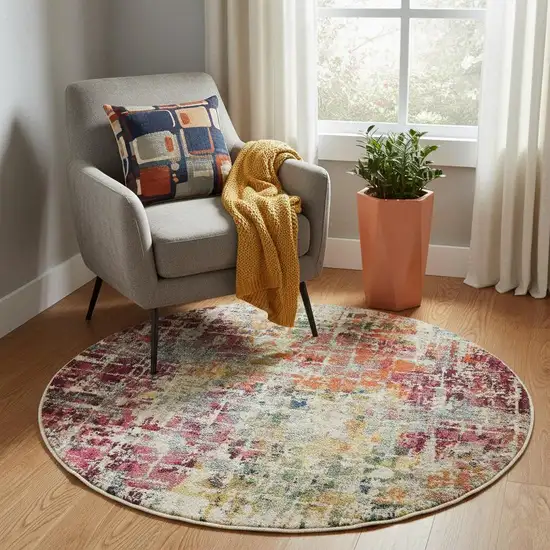 5' X 5' Pink Round Abstract Power Loom Distressed Non Skid Area Rug Photo 1