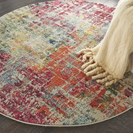 5' X 5' Pink Round Abstract Power Loom Distressed Non Skid Area Rug Photo 9