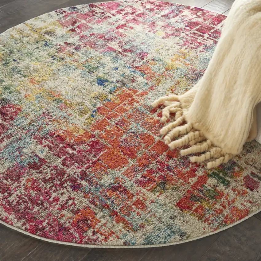 5' X 5' Pink Round Abstract Power Loom Distressed Non Skid Area Rug Photo 9
