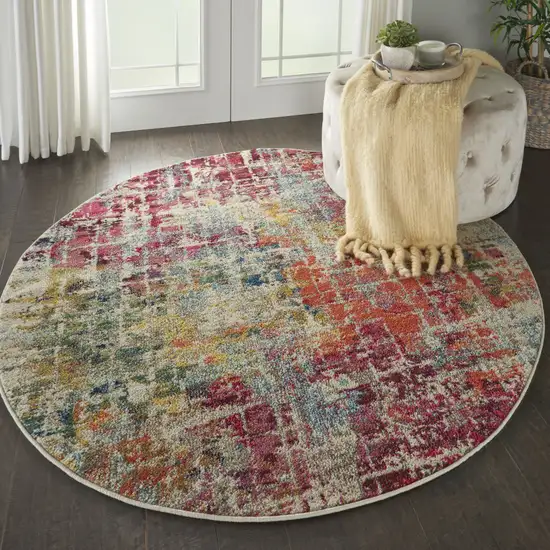 5' X 5' Pink Round Abstract Power Loom Distressed Non Skid Area Rug Photo 6