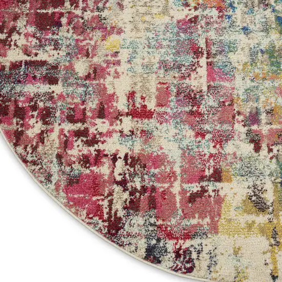5' X 5' Pink Round Abstract Power Loom Distressed Non Skid Area Rug Photo 8