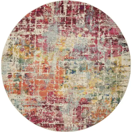 8' X 8' Pink Round Abstract Power Loom Distressed Non Skid Area Rug Photo 3