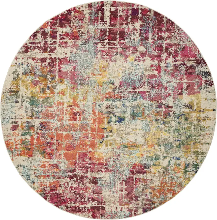 8' X 8' Pink Round Abstract Power Loom Distressed Non Skid Area Rug Photo 3