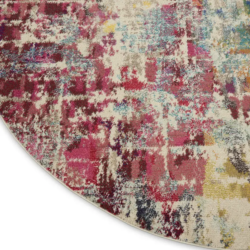 8' X 8' Pink Round Abstract Power Loom Distressed Non Skid Area Rug Photo 8