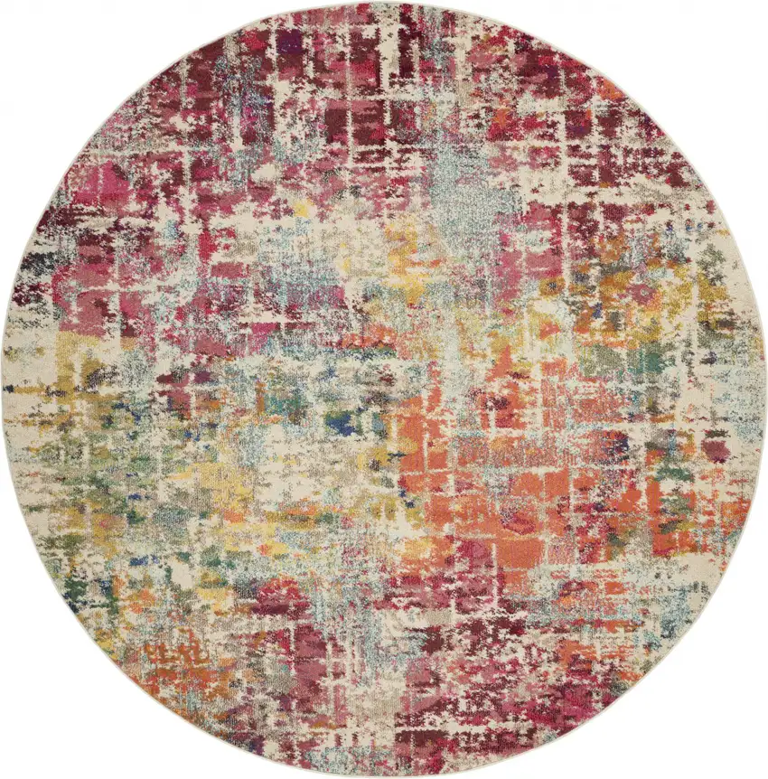 Pink Round Abstract Power Loom Distressed Non Skid Area Rug Photo 1
