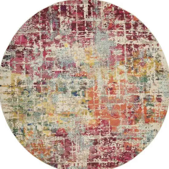 8' X 8' Pink Round Abstract Power Loom Distressed Non Skid Area Rug Photo 1