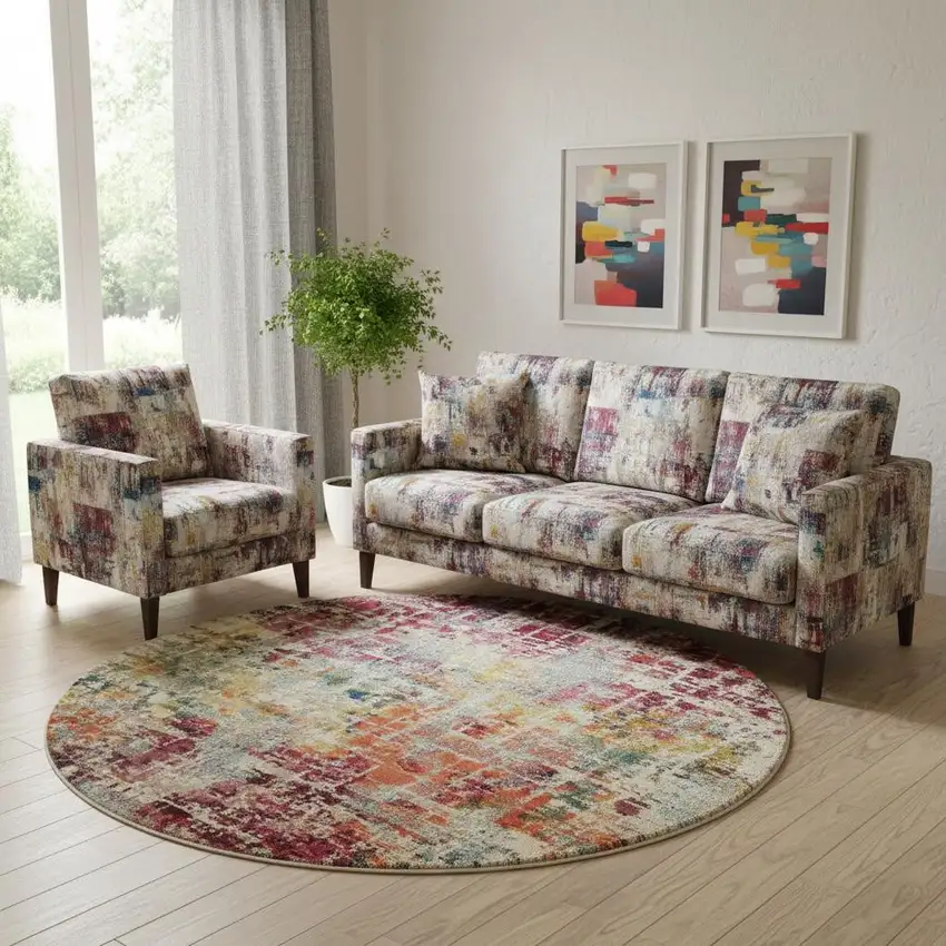 8' X 8' Pink Round Abstract Power Loom Distressed Non Skid Area Rug Photo 1