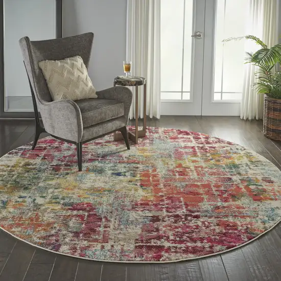 8' X 8' Pink Round Abstract Power Loom Distressed Non Skid Area Rug Photo 5