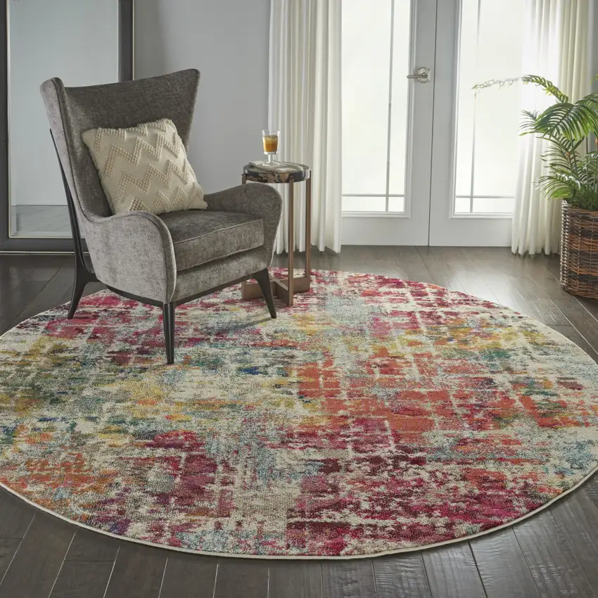 8' X 8' Pink Round Abstract Power Loom Distressed Non Skid Area Rug Photo 5