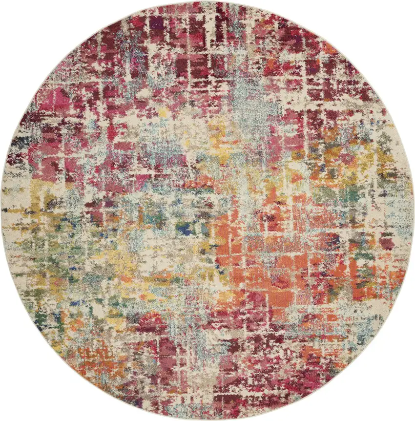 8' X 8' Pink Round Abstract Power Loom Distressed Non Skid Area Rug Photo 4
