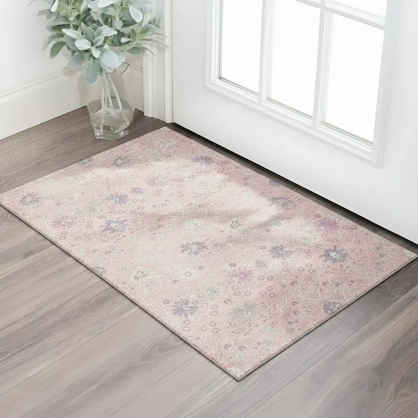 Pink Silver And Lavender Oriental Washable Area Rug With UV Protection Photo 2