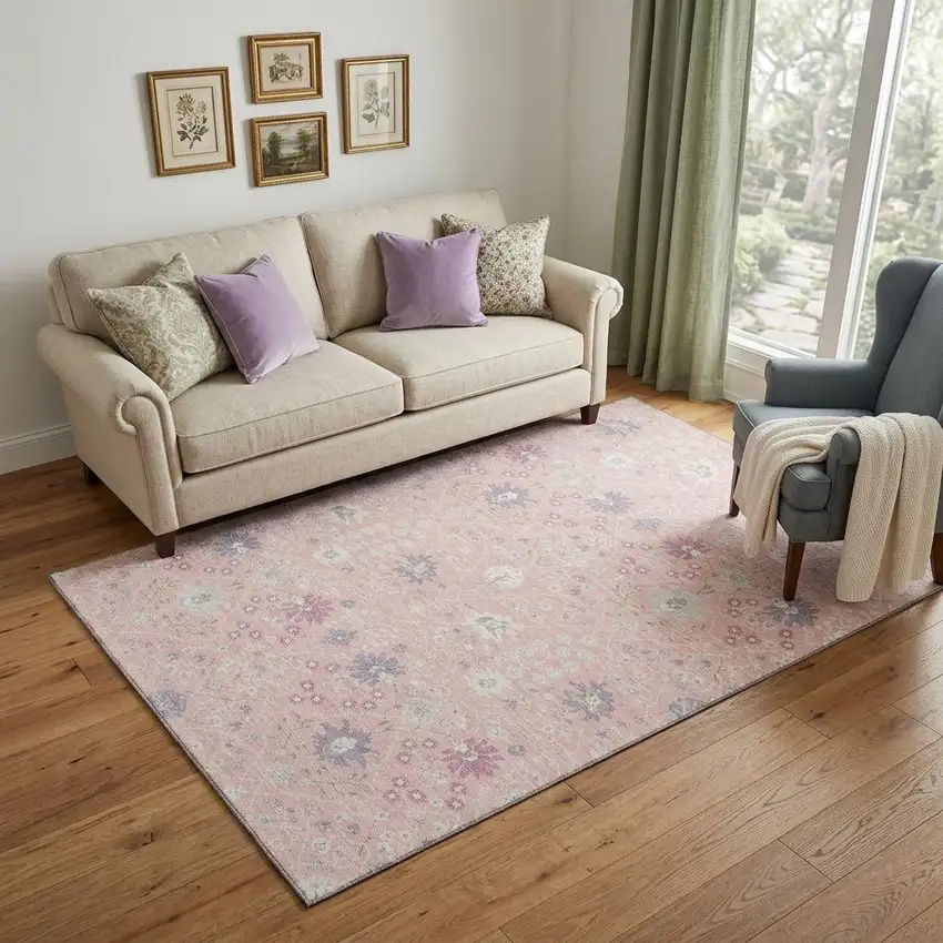 Pink Silver And Lavender Oriental Washable Area Rug With UV Protection Photo 1