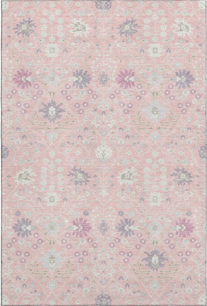 Pink Silver And Lavender Oriental Washable Area Rug With UV Protection Photo 1
