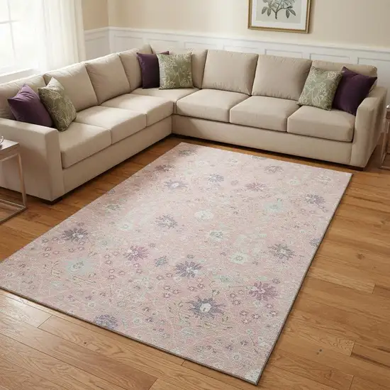 Pink Silver And Lavender Oriental Washable Area Rug With UV Protection Photo 2