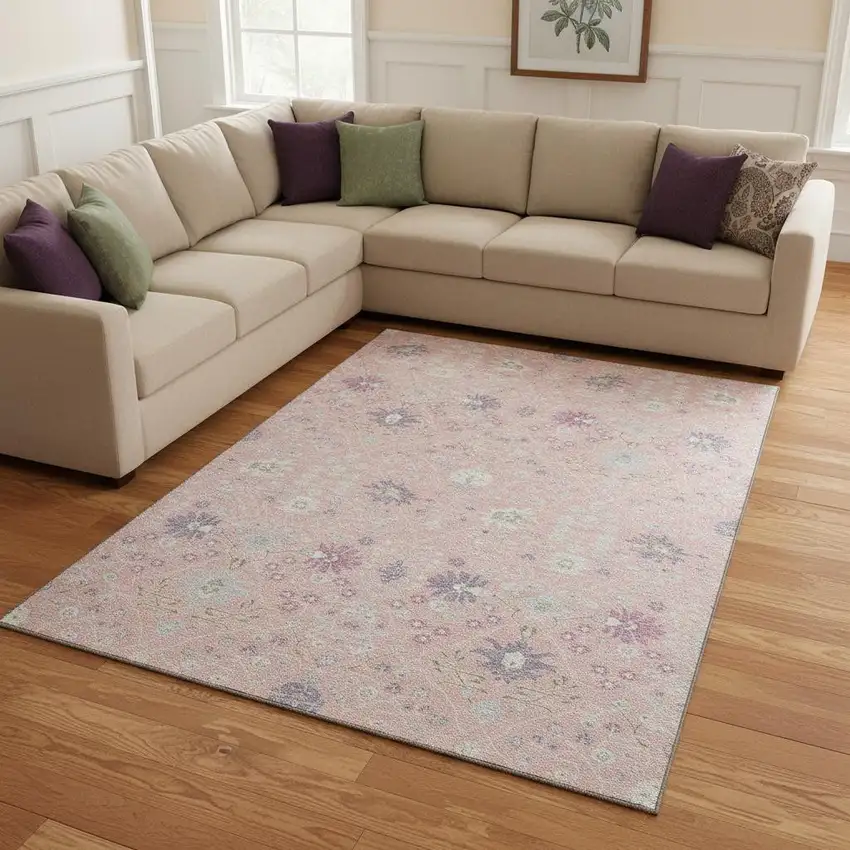 Pink Silver And Lavender Oriental Washable Area Rug With UV Protection Photo 2