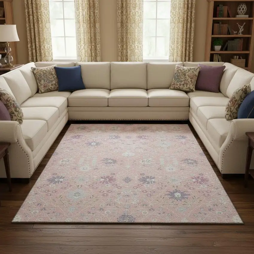 Pink Silver And Lavender Oriental Washable Area Rug With UV Protection Photo 2