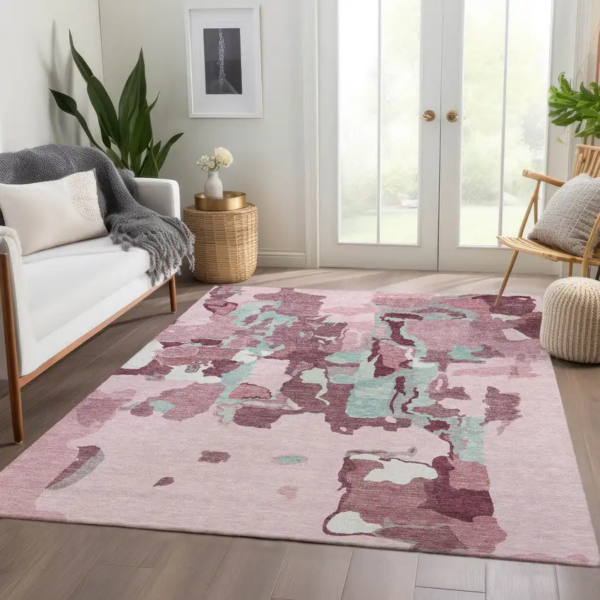 Pink Sky Blue And Ivory Abstract Washable Area Rug With UV Protection Photo 5