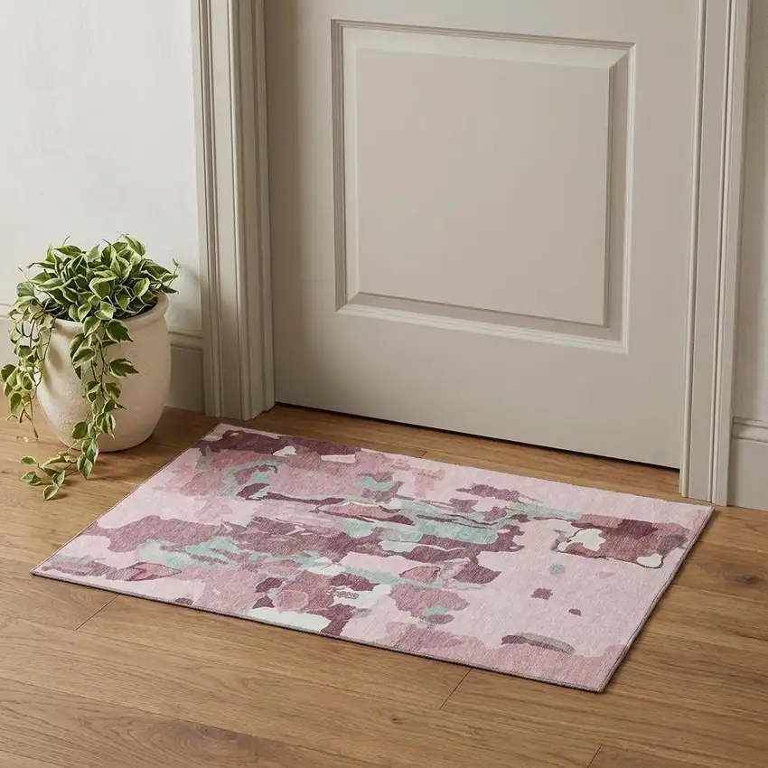 Pink Sky Blue And Ivory Abstract Washable Area Rug With UV Protection Photo 1