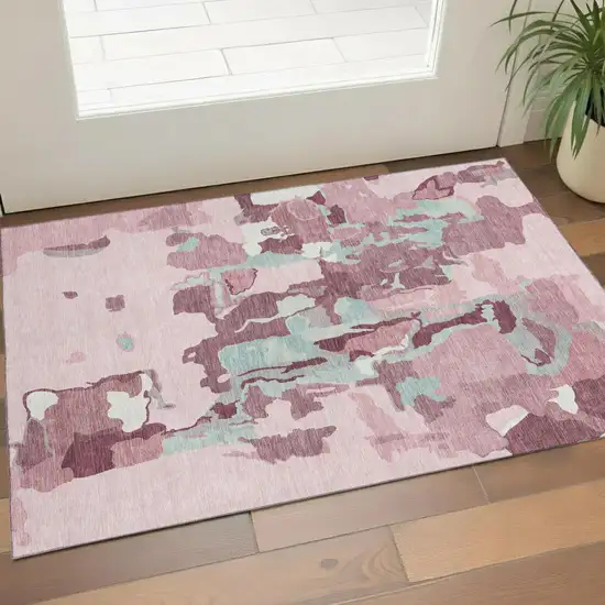 Pink Sky Blue And Ivory Abstract Washable Area Rug With UV Protection Photo 1