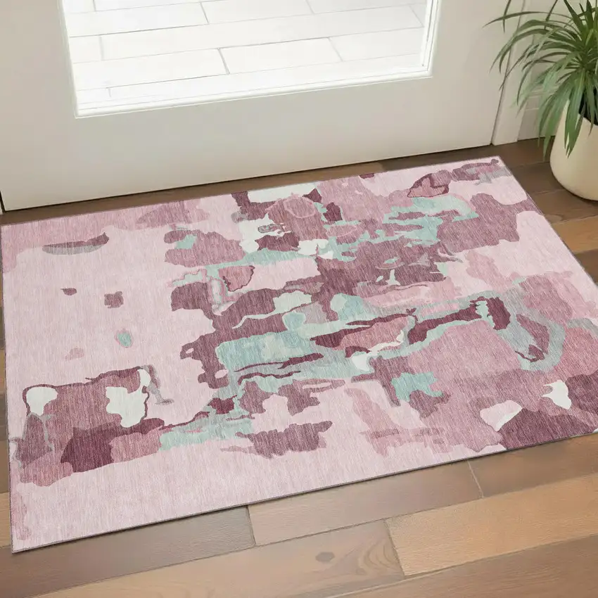 Pink Sky Blue And Ivory Abstract Washable Area Rug With UV Protection Photo 1