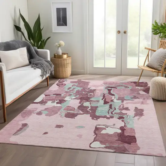 Pink Sky Blue And Ivory Abstract Washable Area Rug With UV Protection Photo 5
