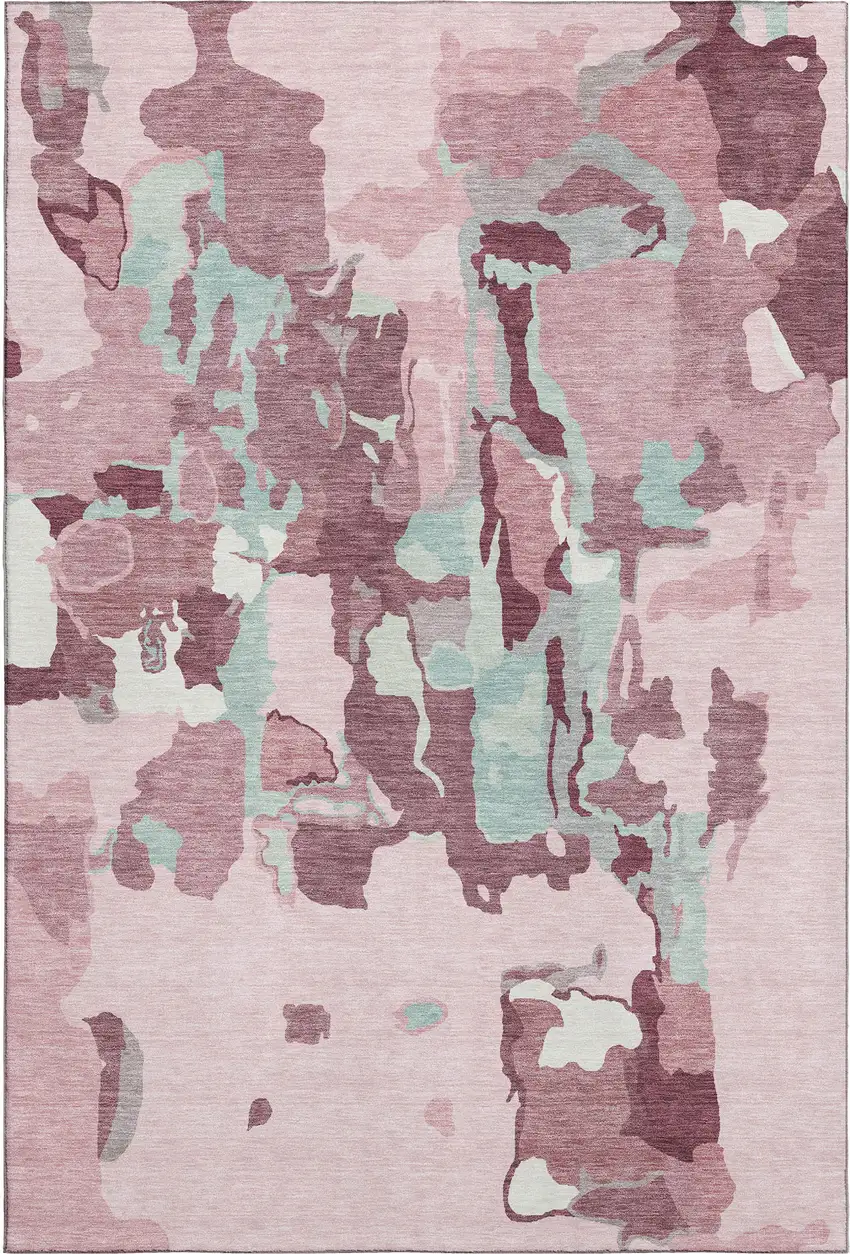 Pink Sky Blue And Ivory Abstract Washable Area Rug With UV Protection Photo 6