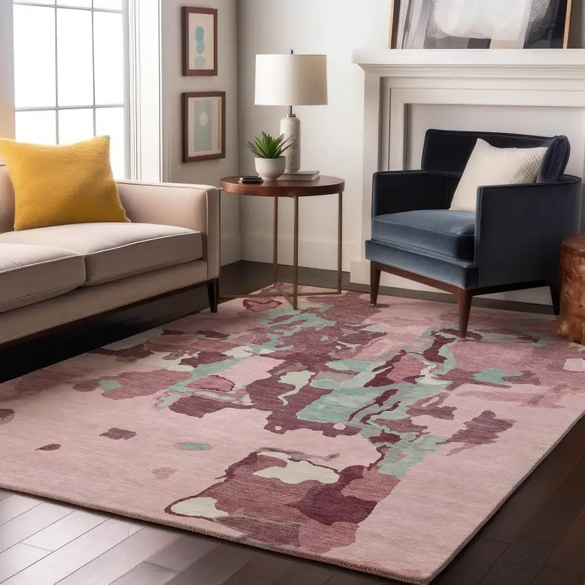 Pink Sky Blue And Ivory Abstract Washable Area Rug With UV Protection Photo 4