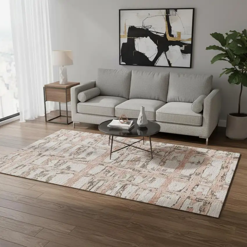 Pink Taupe And Beige Striped Washable Area Rug With UV Protection Photo 2