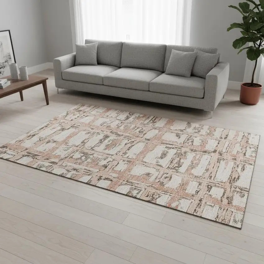 Pink Taupe And Beige Striped Washable Area Rug With UV Protection Photo 2