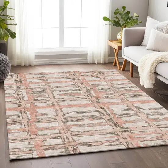 Pink Taupe And Beige Striped Washable Area Rug With UV Protection Photo 5