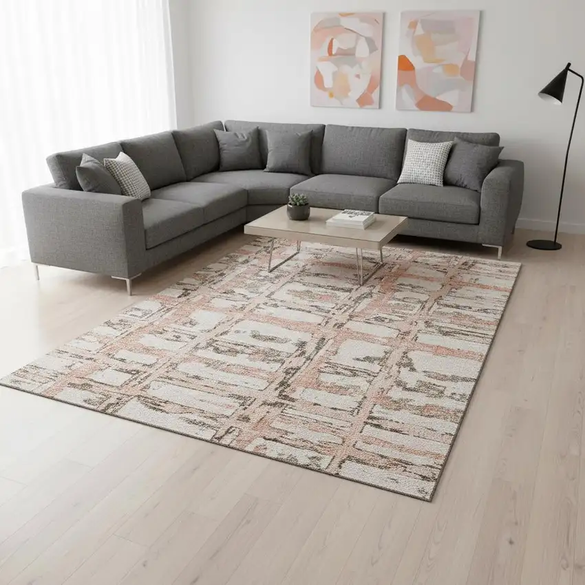 Pink Taupe And Beige Striped Washable Area Rug With UV Protection Photo 2