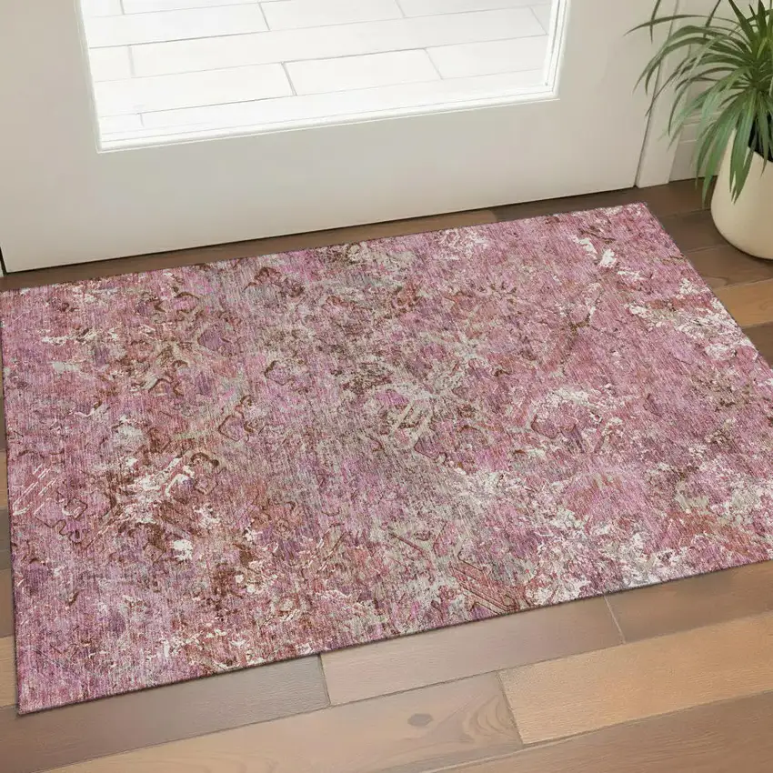 Pink Taupe And Ivory Diamond Washable Area Rug With UV Protection Photo 1