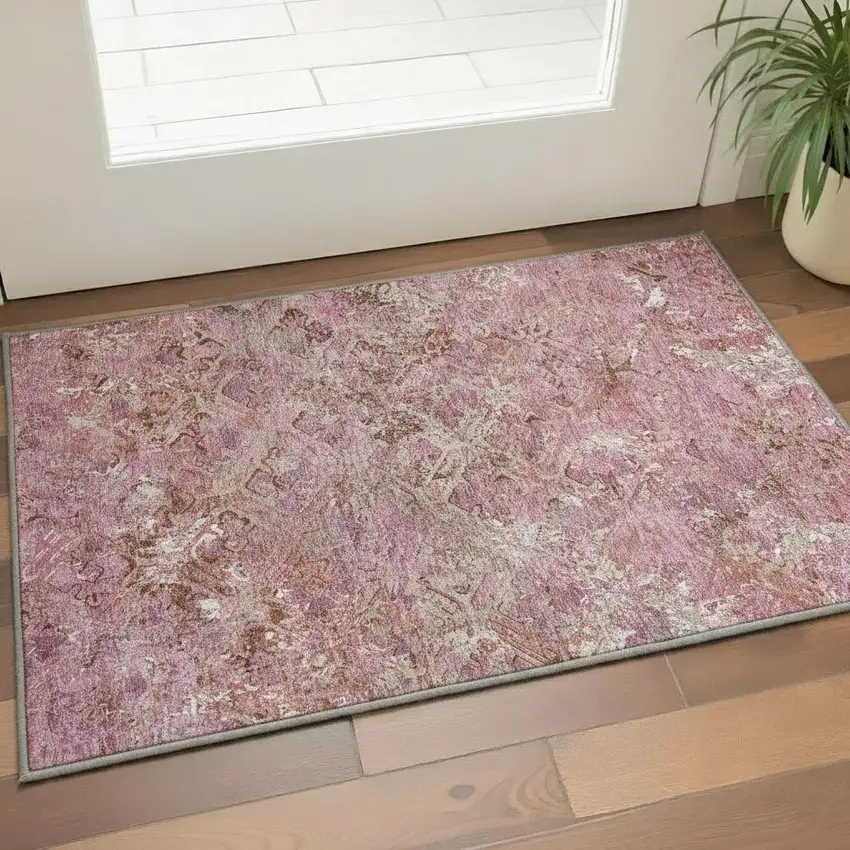 Pink Taupe And Ivory Diamond Washable Area Rug With UV Protection Photo 2